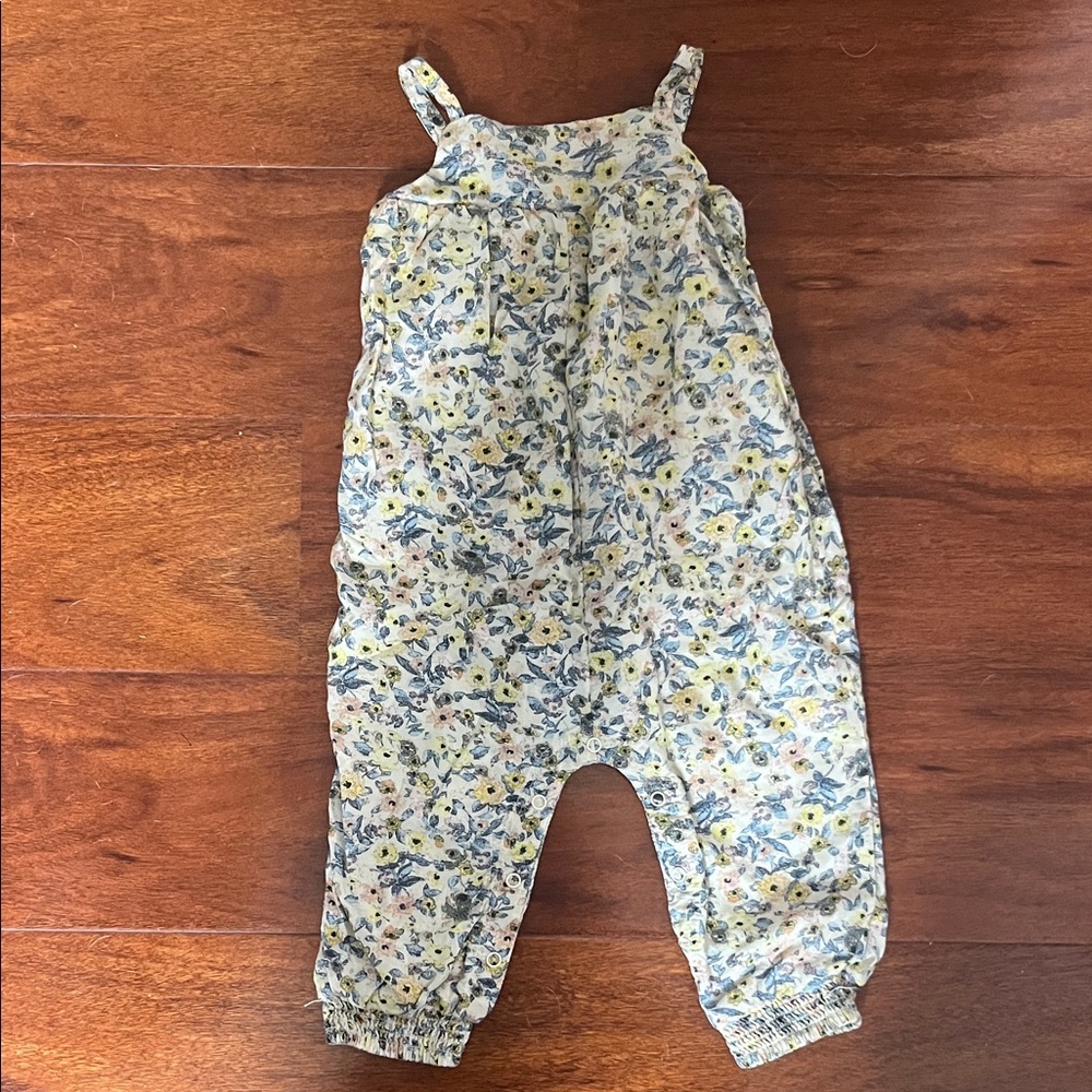 Something Navy Floral Cotton Romper Overalls in Yellow and Blue